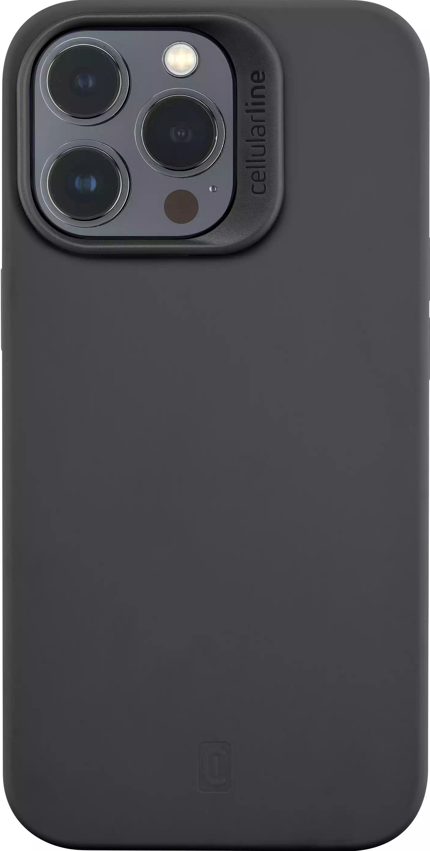 Una custodia trasparente per iPhone con retro viola. La custodia ha un ritaglio per la fotocamera e un cerchio MagSafe.