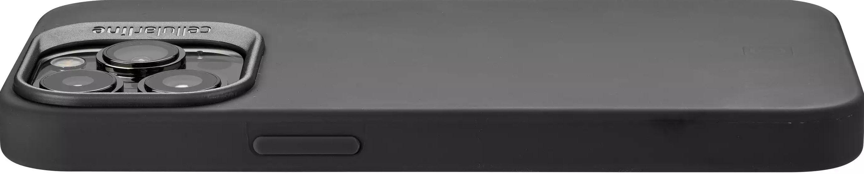 Custodia nera per telefono con ritaglio per tripla fotocamera.