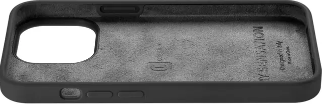 Custodia nera per telefono con ritaglio per fotocamera e pulsanti. Interno grigio.