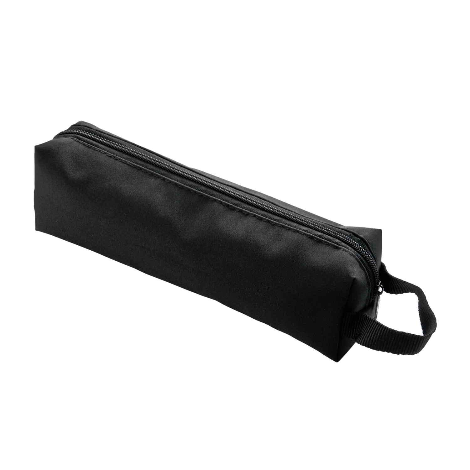 Astuccio nero con cerniera e piccola maniglia nera.