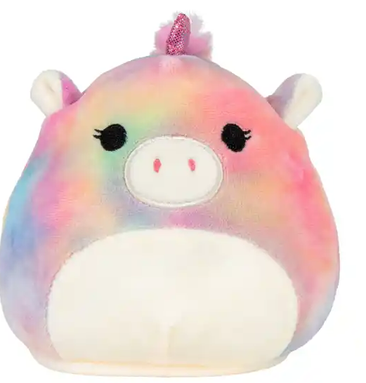 Ein Plüsch-Einhorn-Spielzeug mit Regenbogenkörper, rosa Horn und schwarzen Augen.