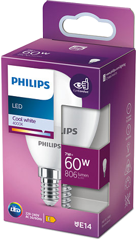 Philips LED izzó egy dobozban. A doboz fehér és lila.