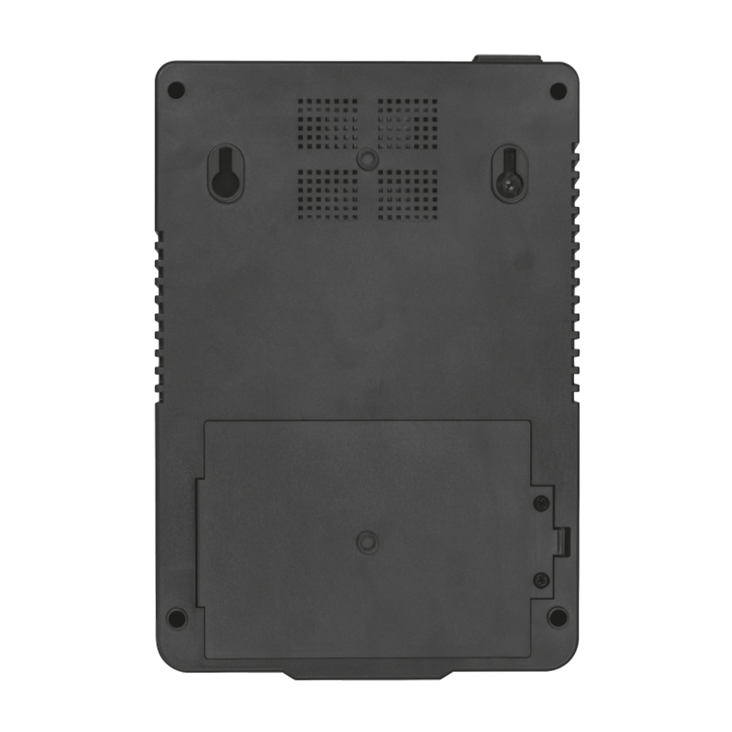Retro di un dispositivo elettronico nero con fori e viti. Contiene un vano batteria.