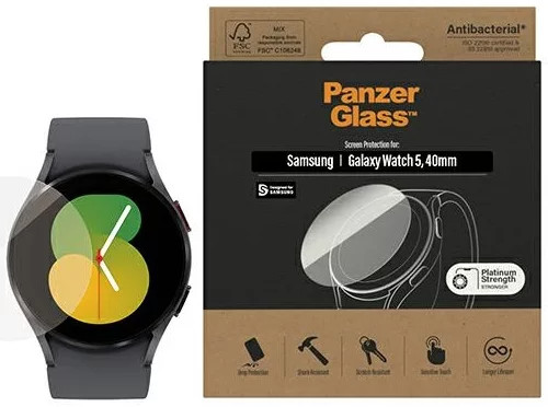 Une montre connectée noire à côté d'une boîte de protection d'écran. La boîte montre une image d'une montre.