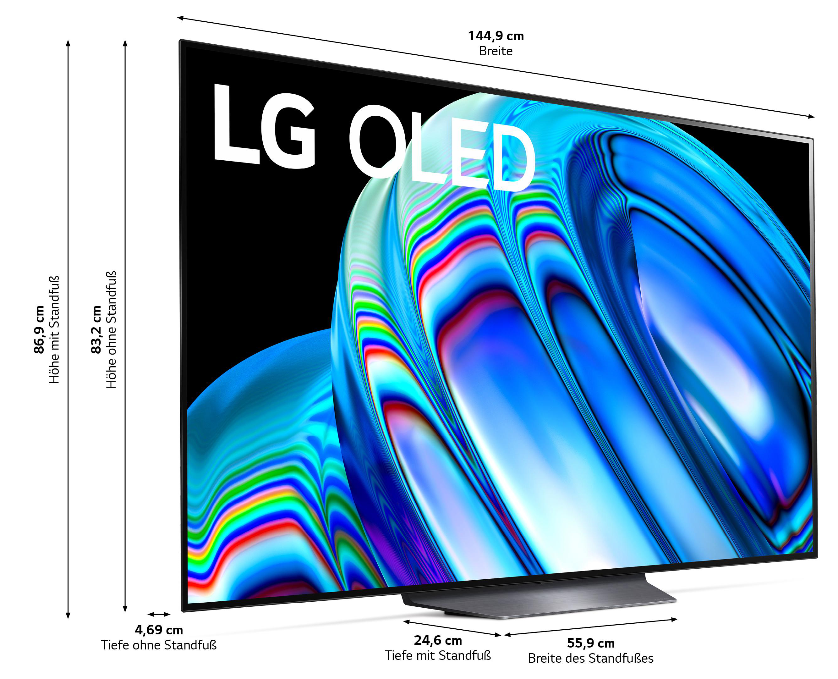 Großer LG OLED-Fernseher mit Abmessungen. Der Bildschirm zeigt ein blaues und grünes Farbmuster.