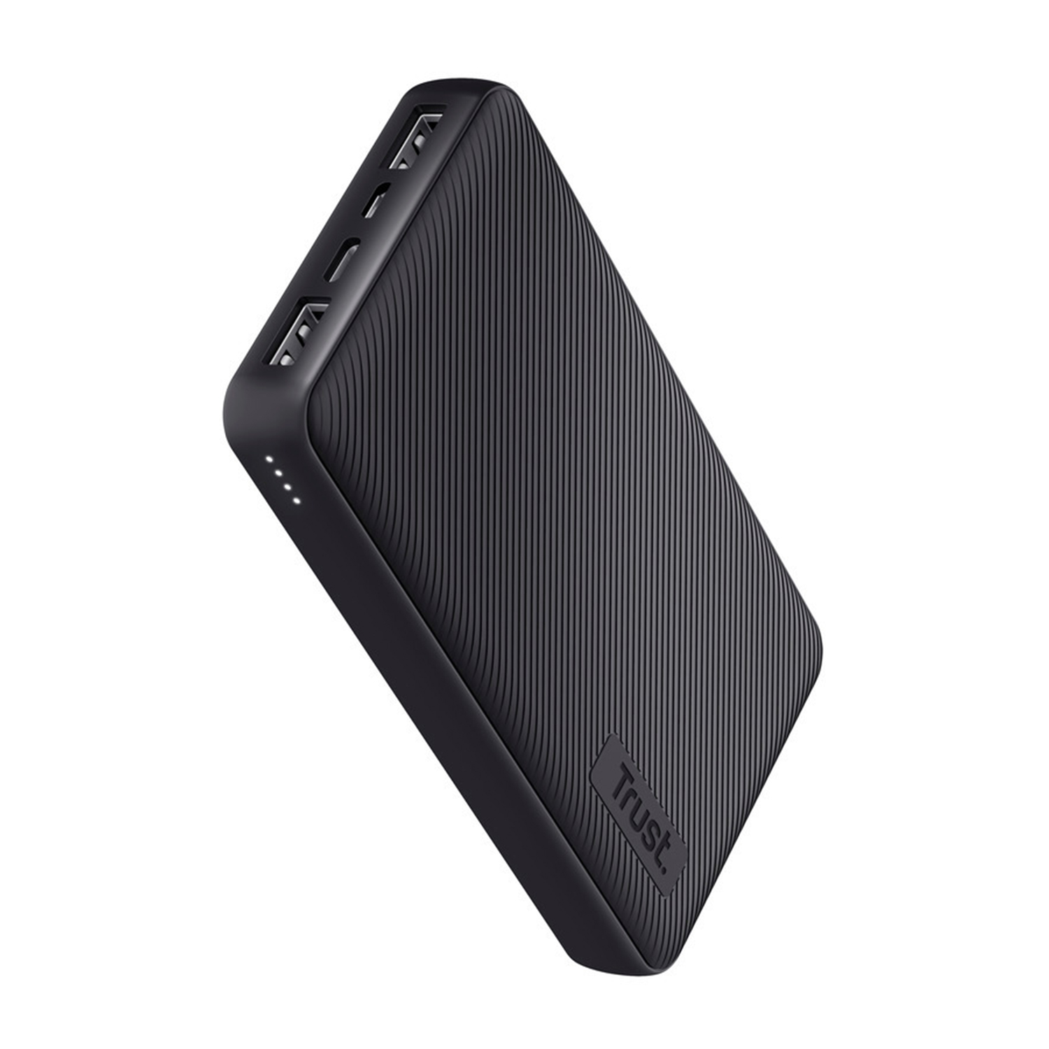 Power bank nero con texture a coste, porte multiple e logo Trust.