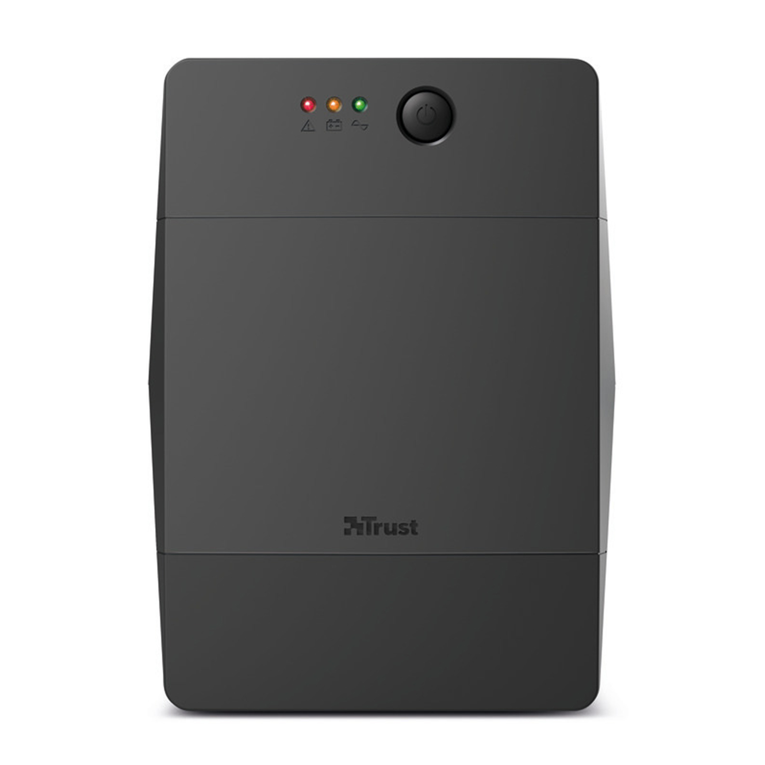 Dispositivo UPS Trust nero con spie luminose e pulsante di accensione.