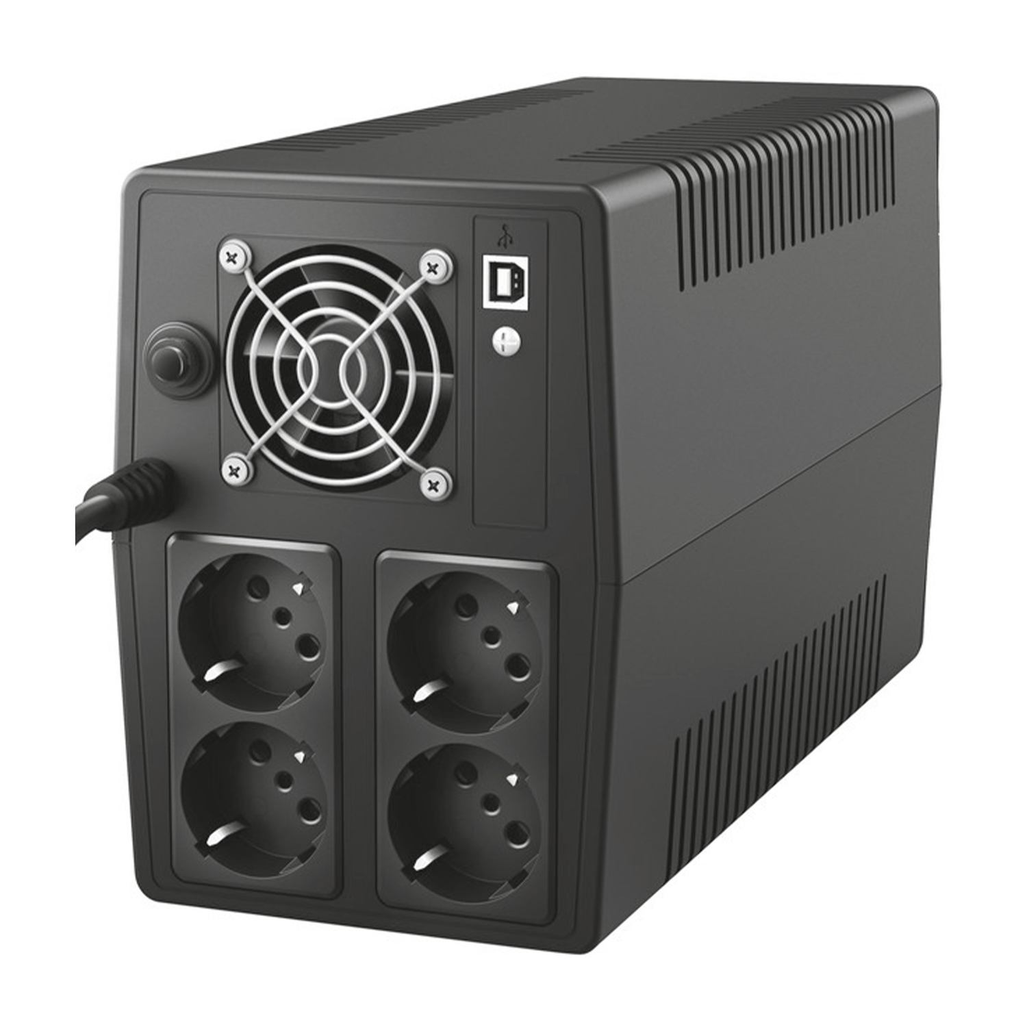 Un dispositivo UPS nero con prese di corrente, una ventola e una porta USB, su sfondo bianco.