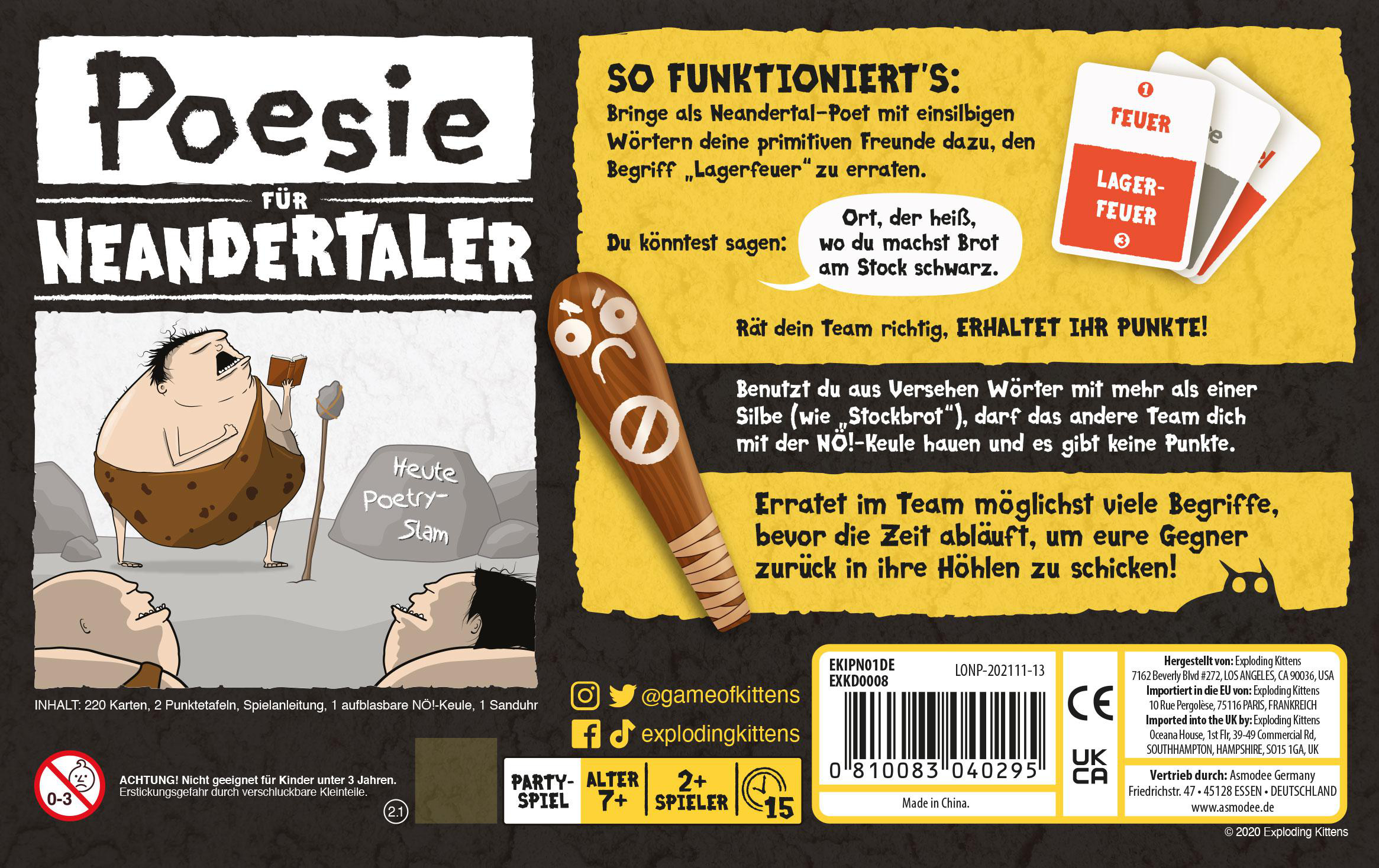 Spielbox, Illustration eines Höhlenmenschen mit Text oben und Spielkarten.