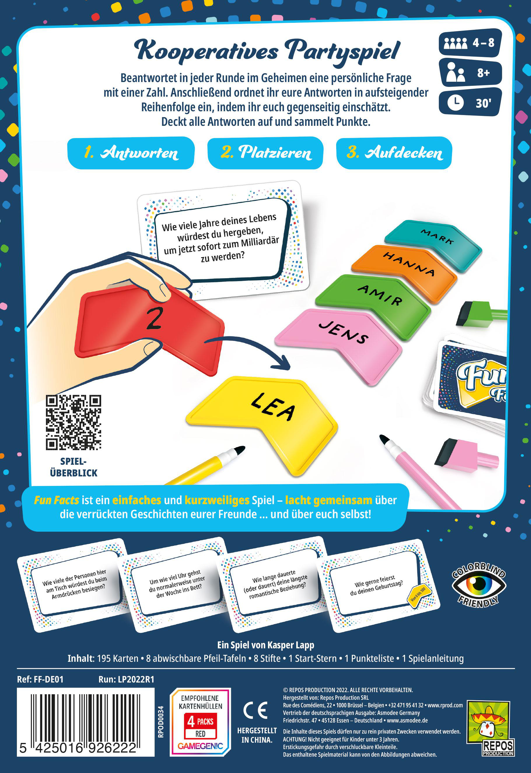 Spielkartonrückseite mit Karten und Text auf Deutsch. Bunte Karten und Spielbrett.