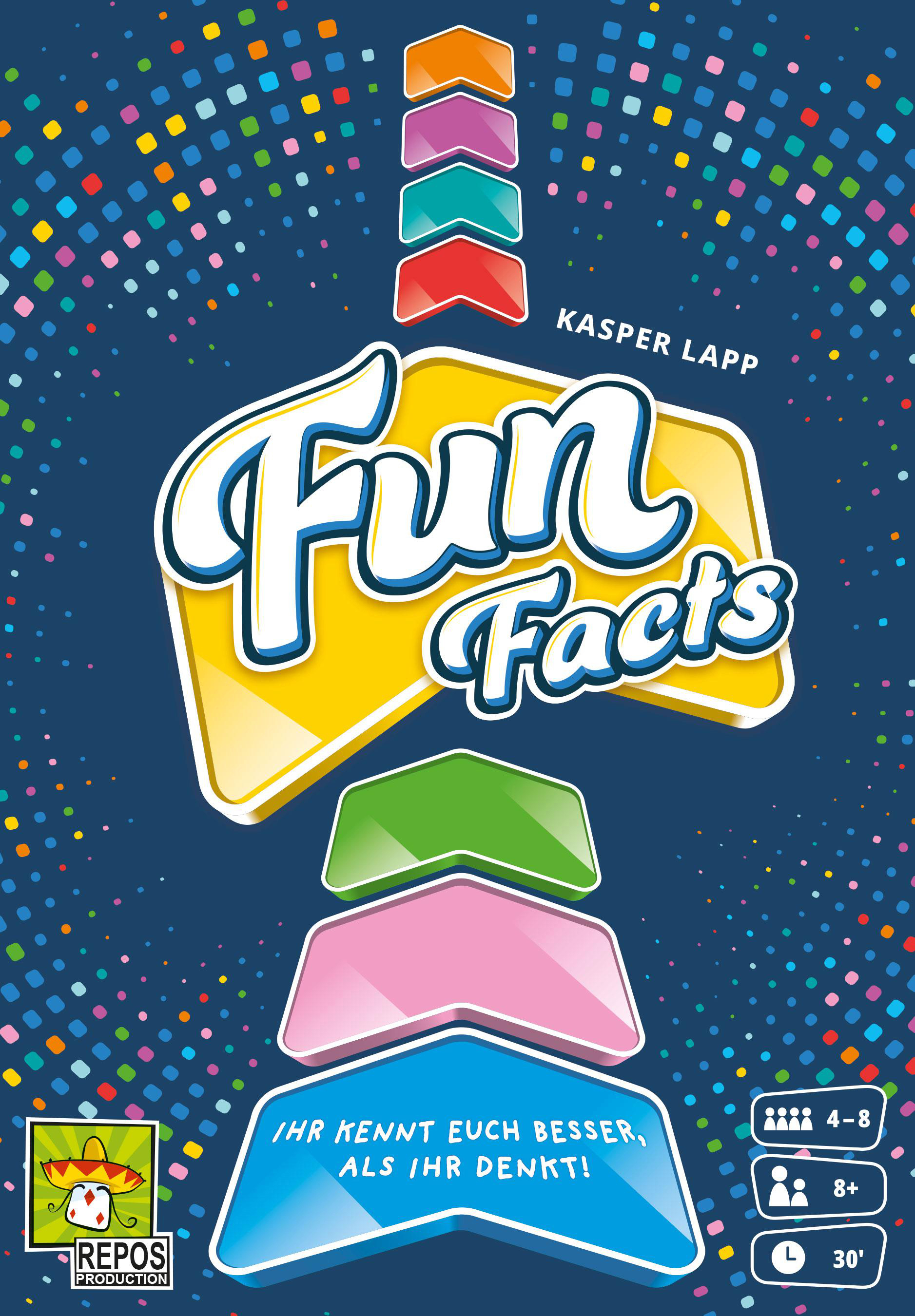 Fun Facts Spielbox, blauer Hintergrund. Pfeile und bunte Punkte sind über und unter dem Text.