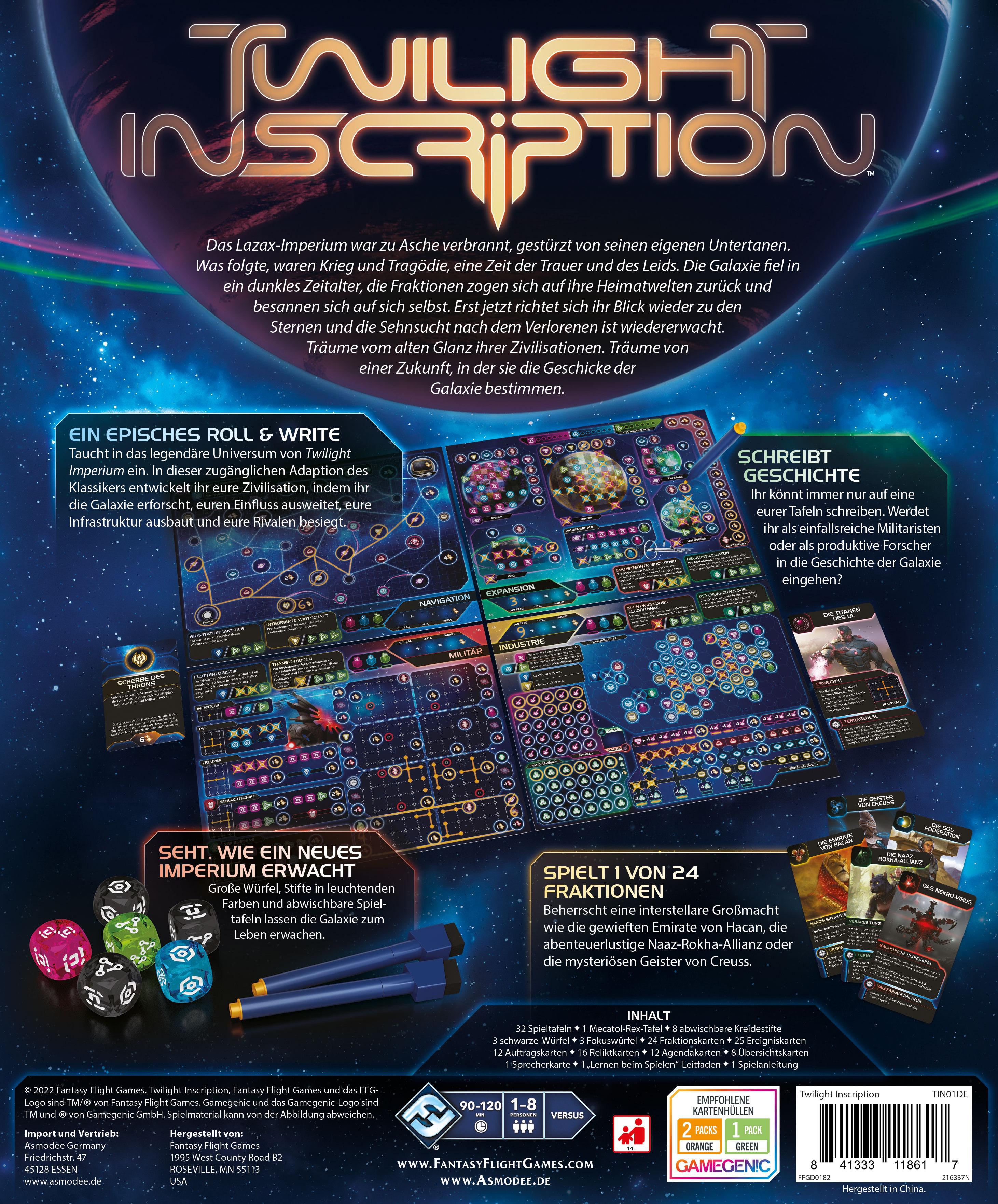 Die Rückseite einer Brettspielbox mit Text und Bildern. Es geht um ein Weltraumspiel.