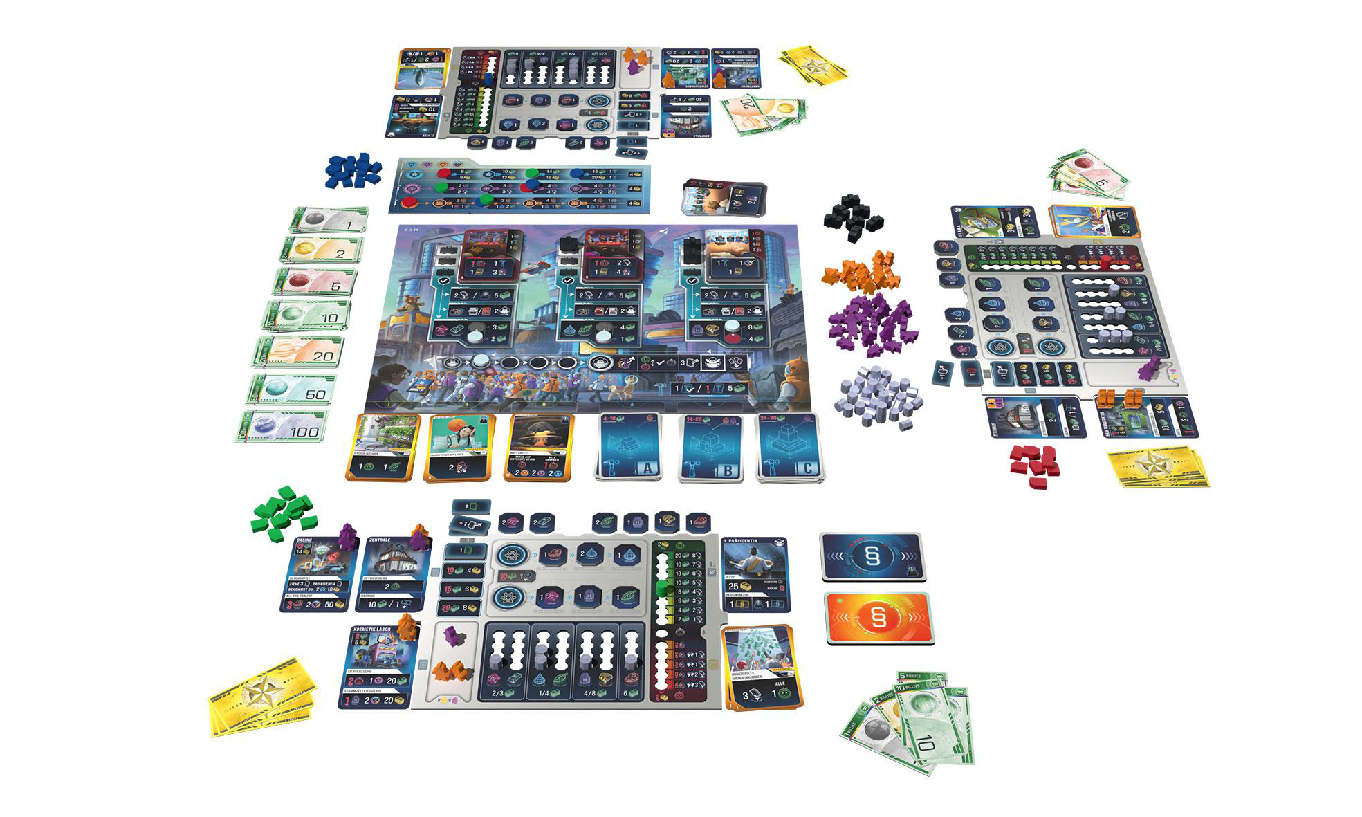 Brettspiel mit Karten, Geld und Spielsteinen auf weißer Oberfläche.