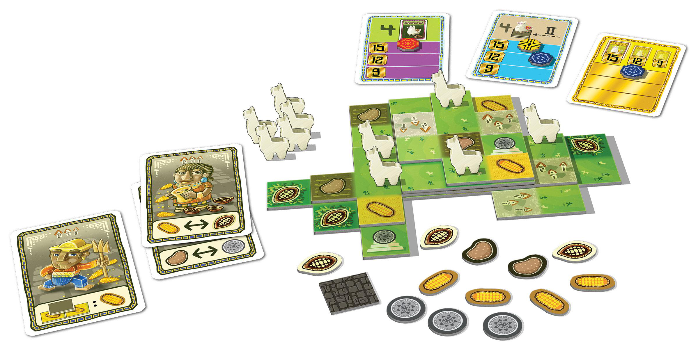 Ein Brettspiel mit Karten, Lamafiguren und Spielsteinen. Das Spiel hat ein farbenfrohes Design.