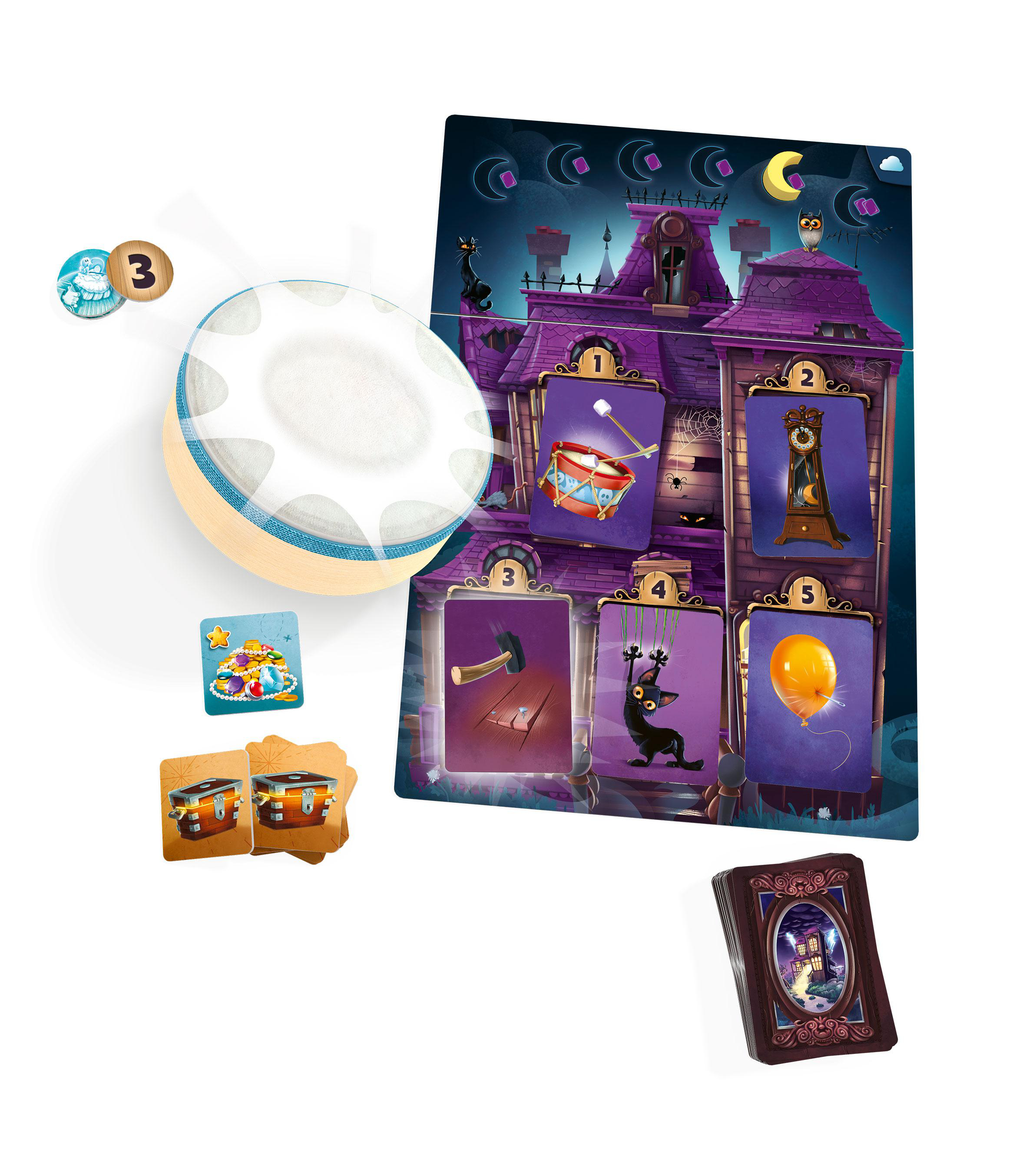 Ein Brettspiel mit bunten Spielsteinen und Karten, eine Hausillustration ist zentral.