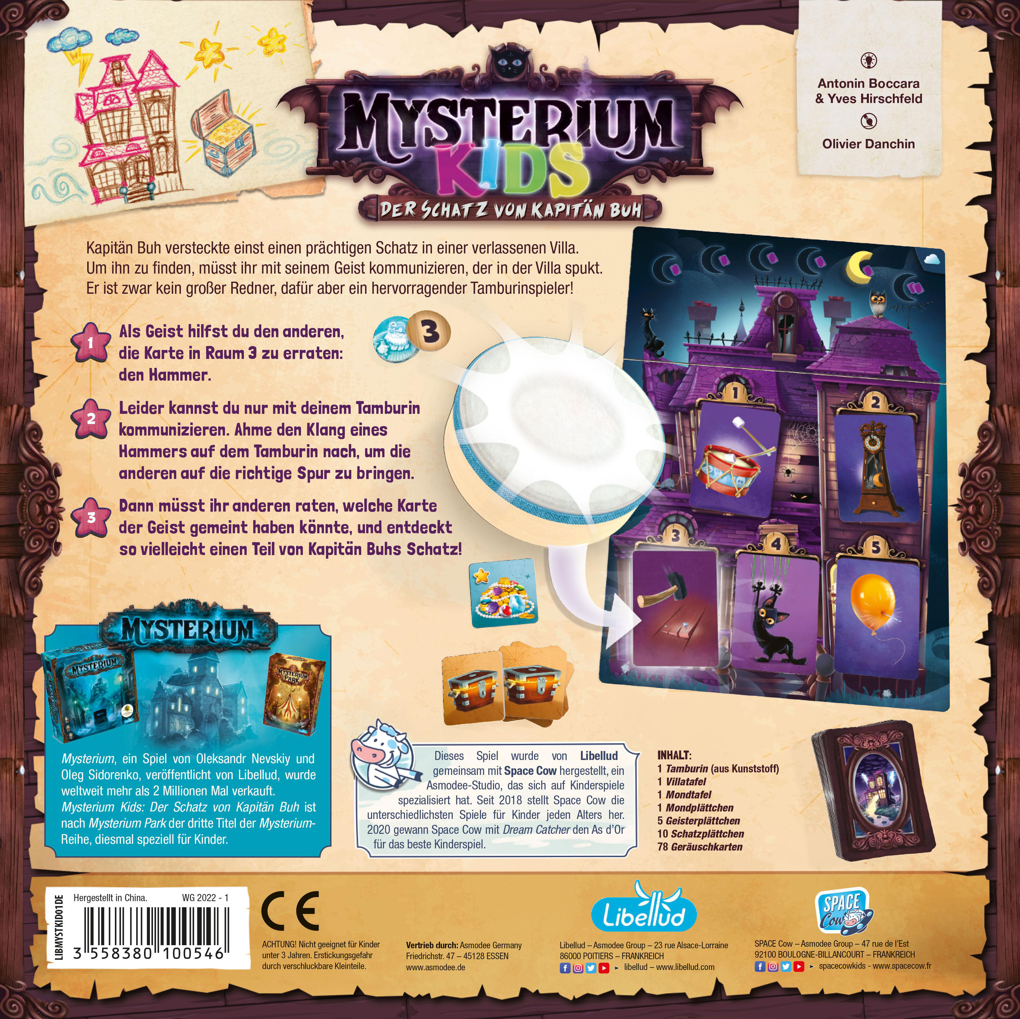 Brettspielbox mit dem Titel Mysterium Kids, mit Spielsteinen und Illustrationen eines Spukhauses.