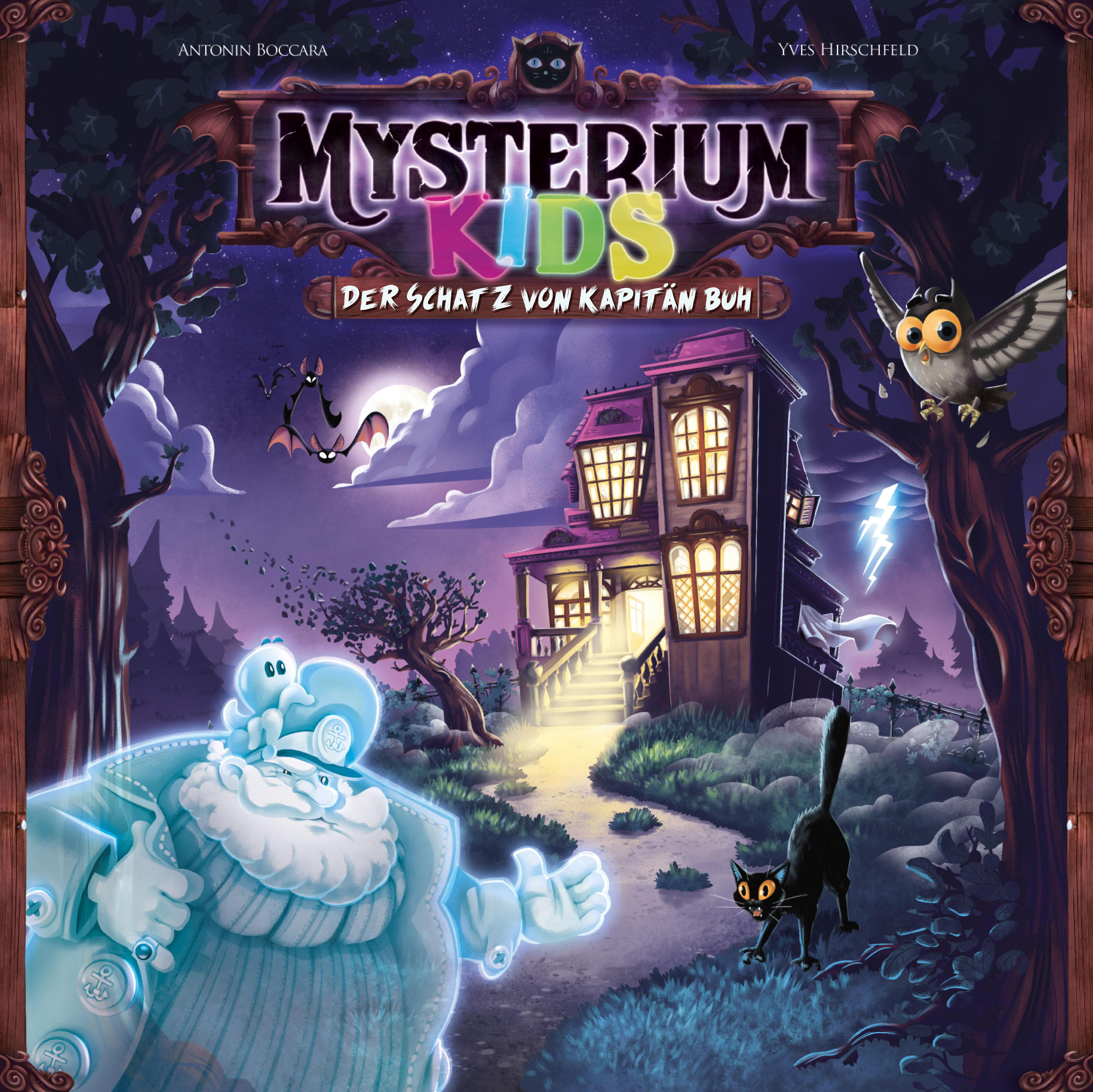 Ein Spielkartoncover mit einem illustrierten Spukhaus, Geistern und einer schwarzen Katze. Der Titel ist Mysterium Kids.
