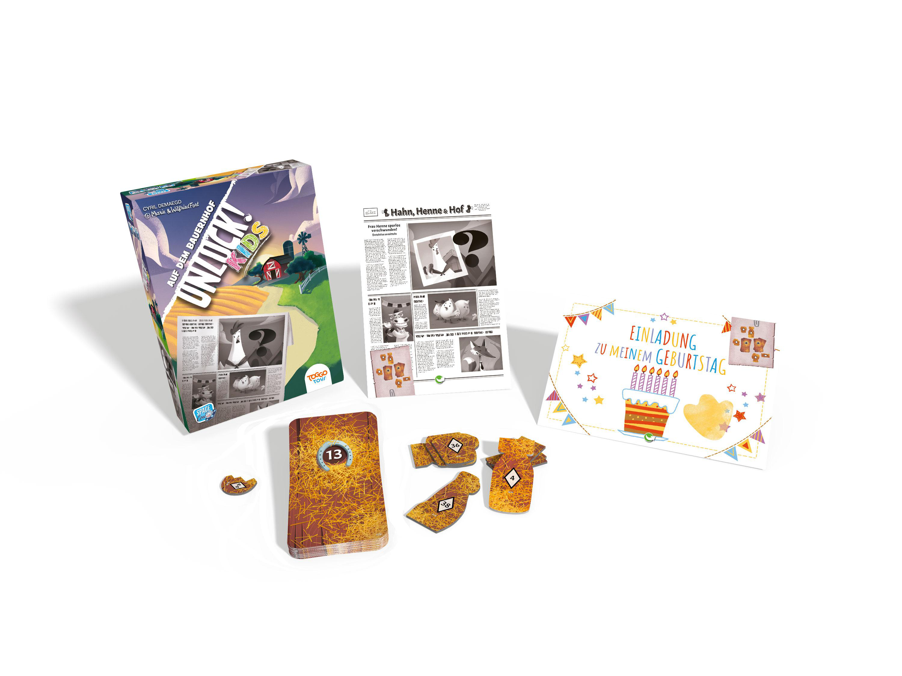 Ein Brettspielkarton und Komponenten. Es enthält Karten, Spielsteine und eine Einladung. Das Spiel ist Unlucky.