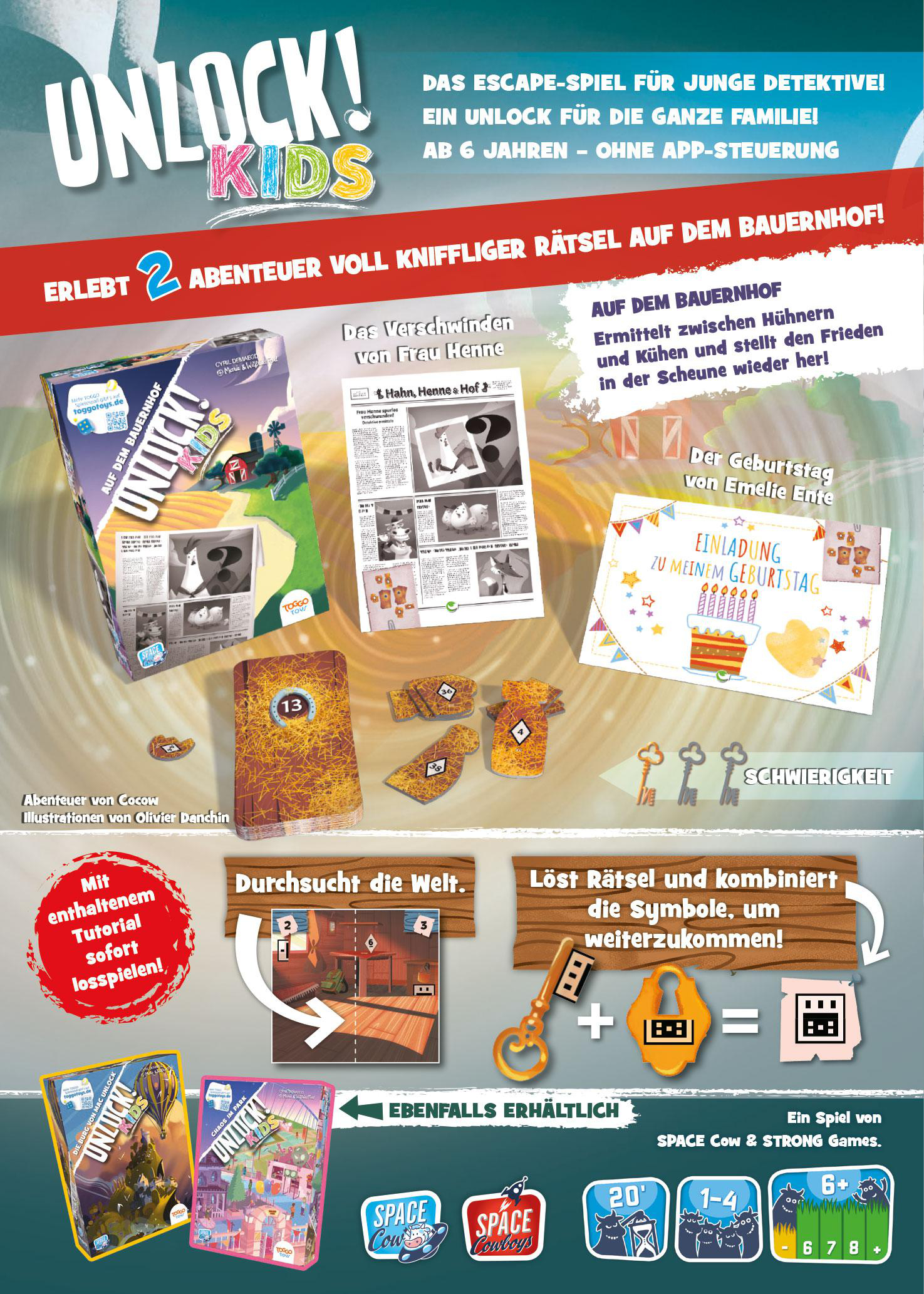 Eine Unlock! Kids Spielbox mit Spielteilen und Anleitung auf dem Bauernhof.