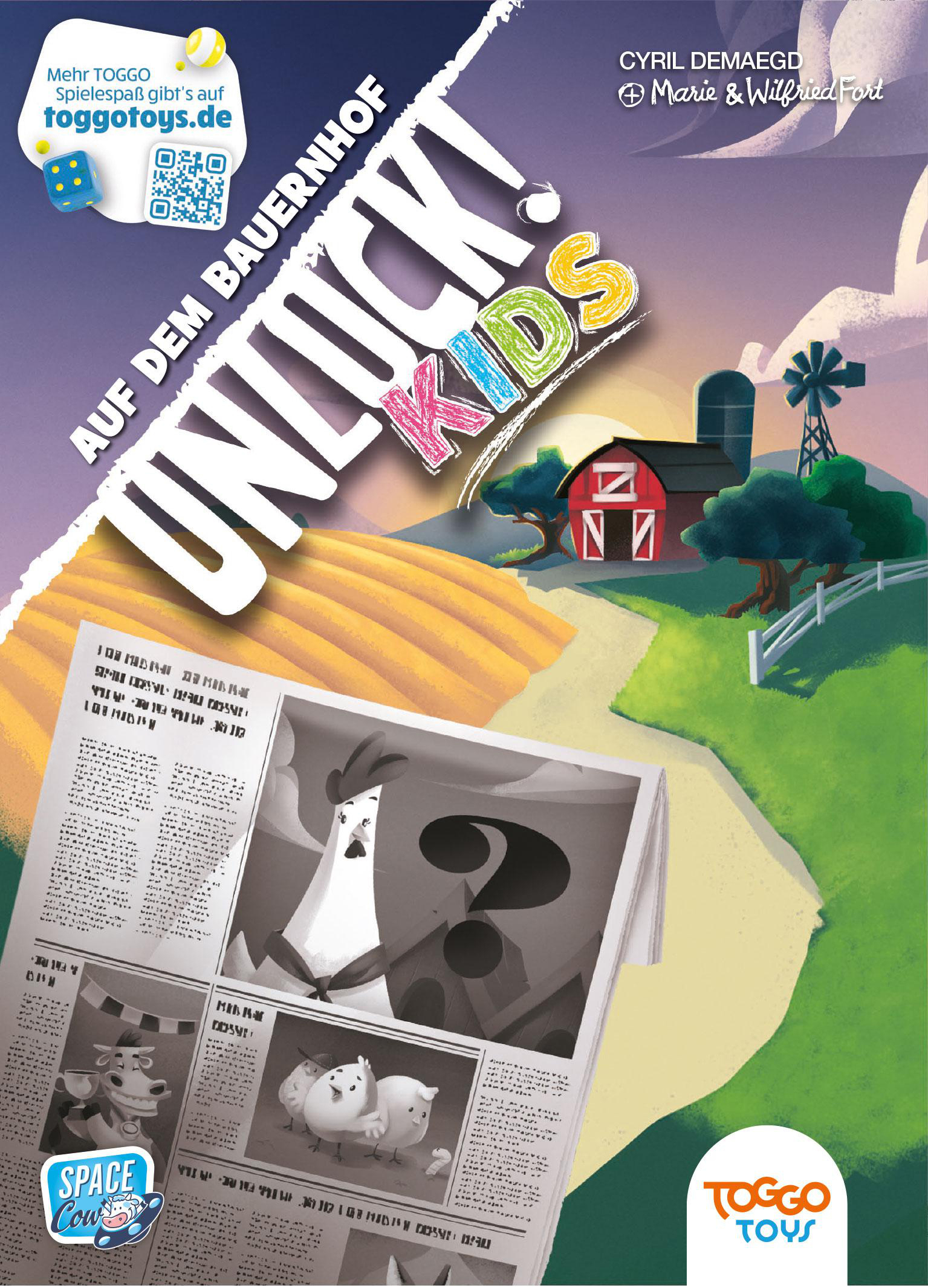 Spielbox-Art für Unlock! Kids. Eine Cartoon-Illustration einer Bauernhofszene.