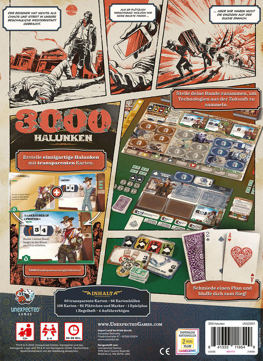 Eine Brettspielbox mit Comic-Art. Die Box zeigt Bilder des Spiels und seines Inhalts.
