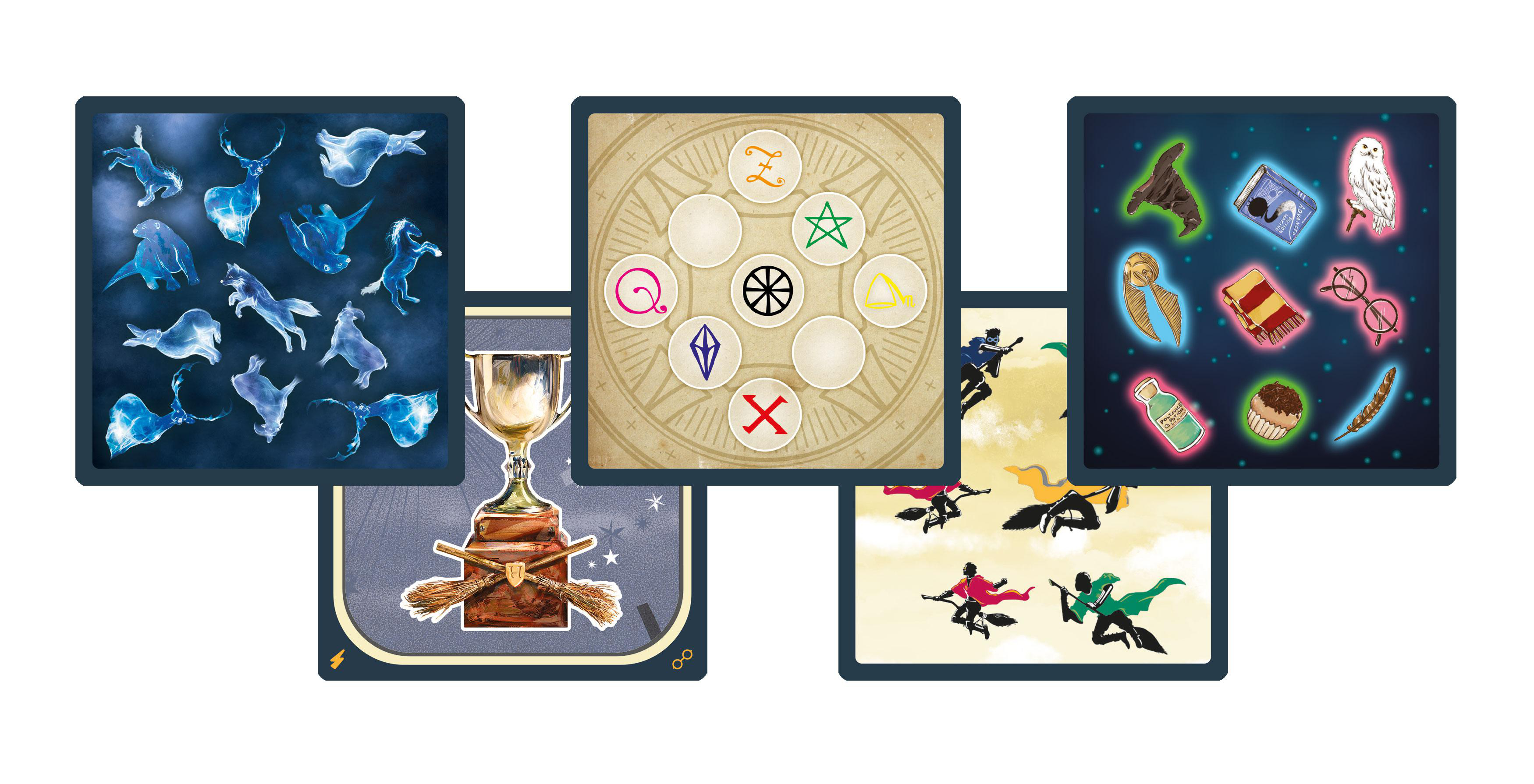 Bilder aus einem Harry Potter Brettspiel, mit Charakteren und magischen Gegenständen.