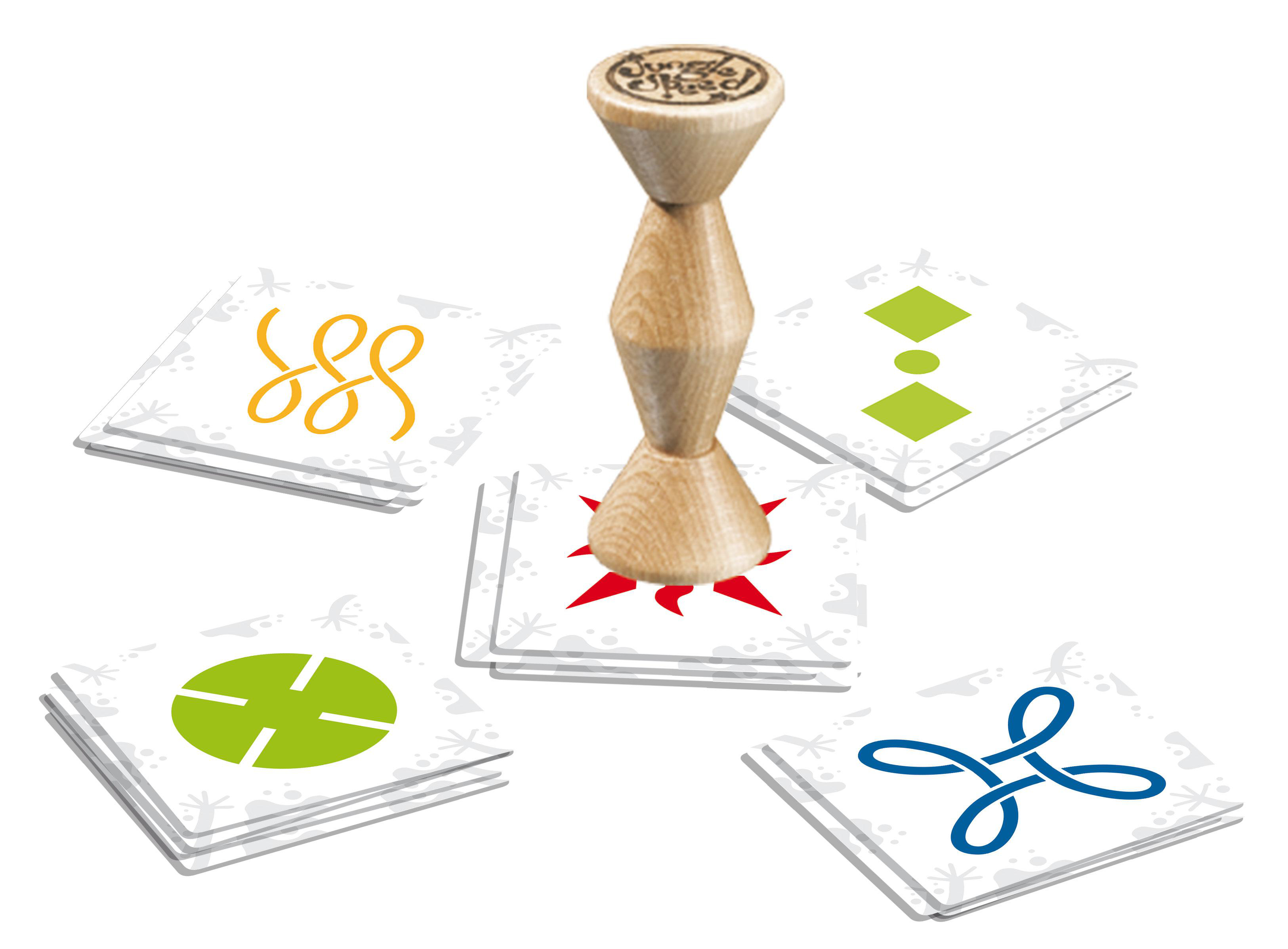 Holz-Sanduhr mit Spielkarten mit verschiedenen Formen und Farben auf weißem Hintergrund.
