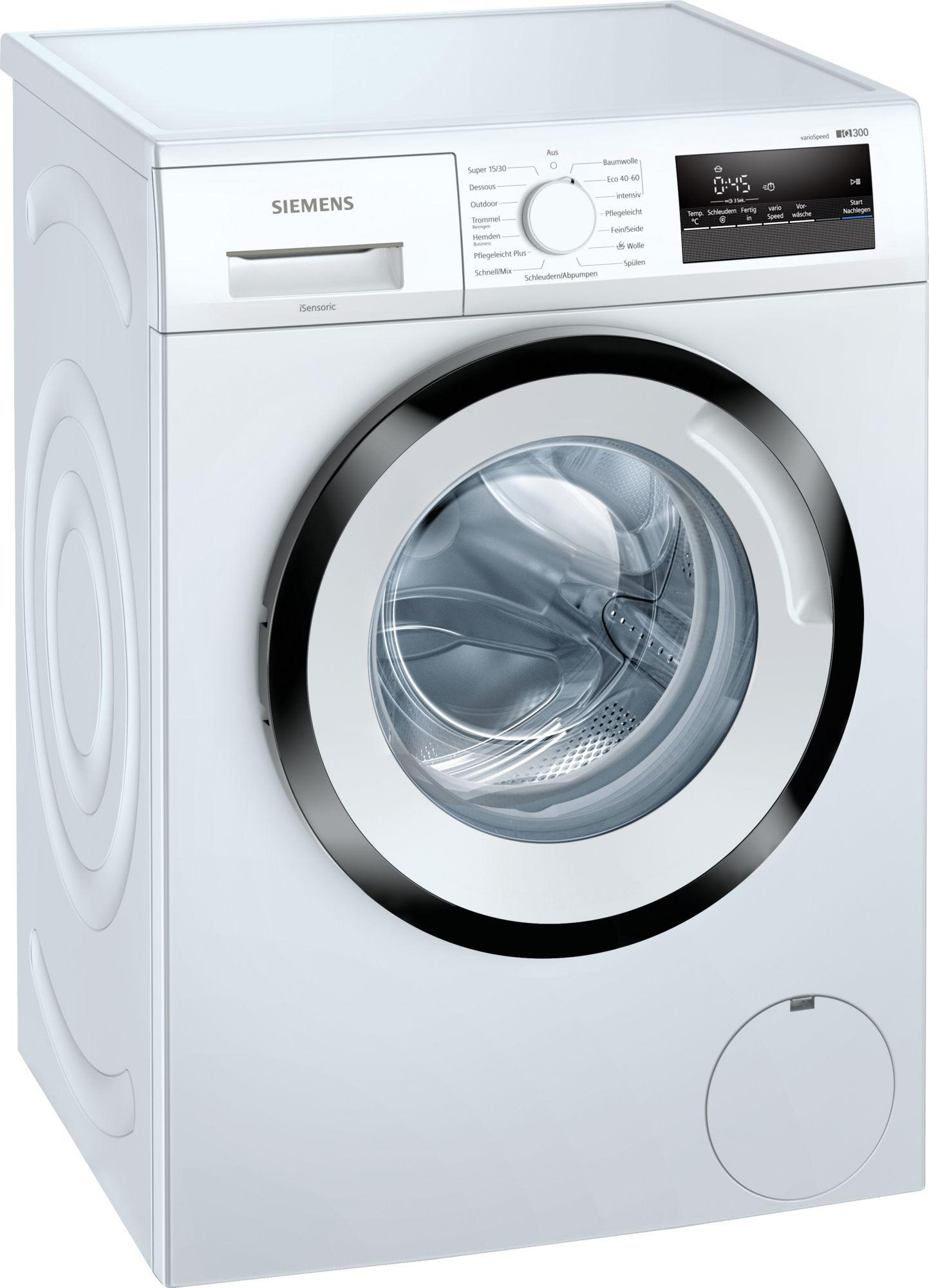 Eine weiße Siemens Waschmaschine mit schwarzer Tür und Digitalanzeige.