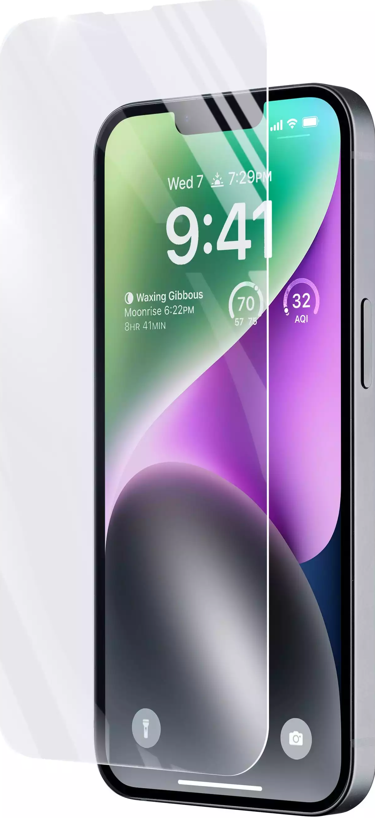 iPhone mit angebrachtem Displayschutz. Der Bildschirm zeigt Uhrzeit, Datum und andere Informationen.