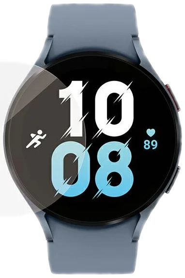 Une montre intelligente bleue avec un affichage numérique indiquant l'heure et la fréquence cardiaque.