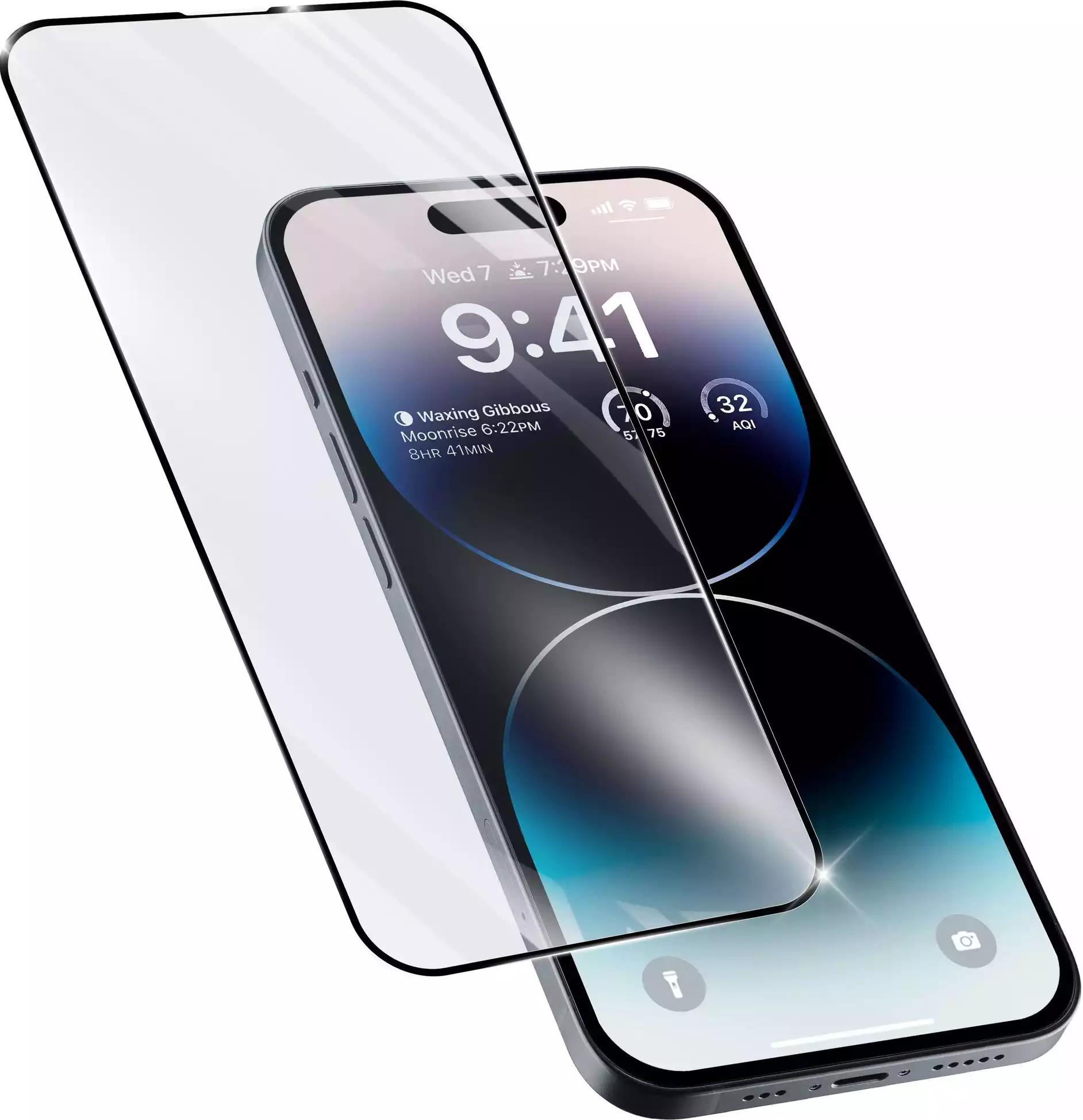 Ein Telefon mit Displayschutzfolie. Der Schutz ist klar. Weißer Hintergrund.