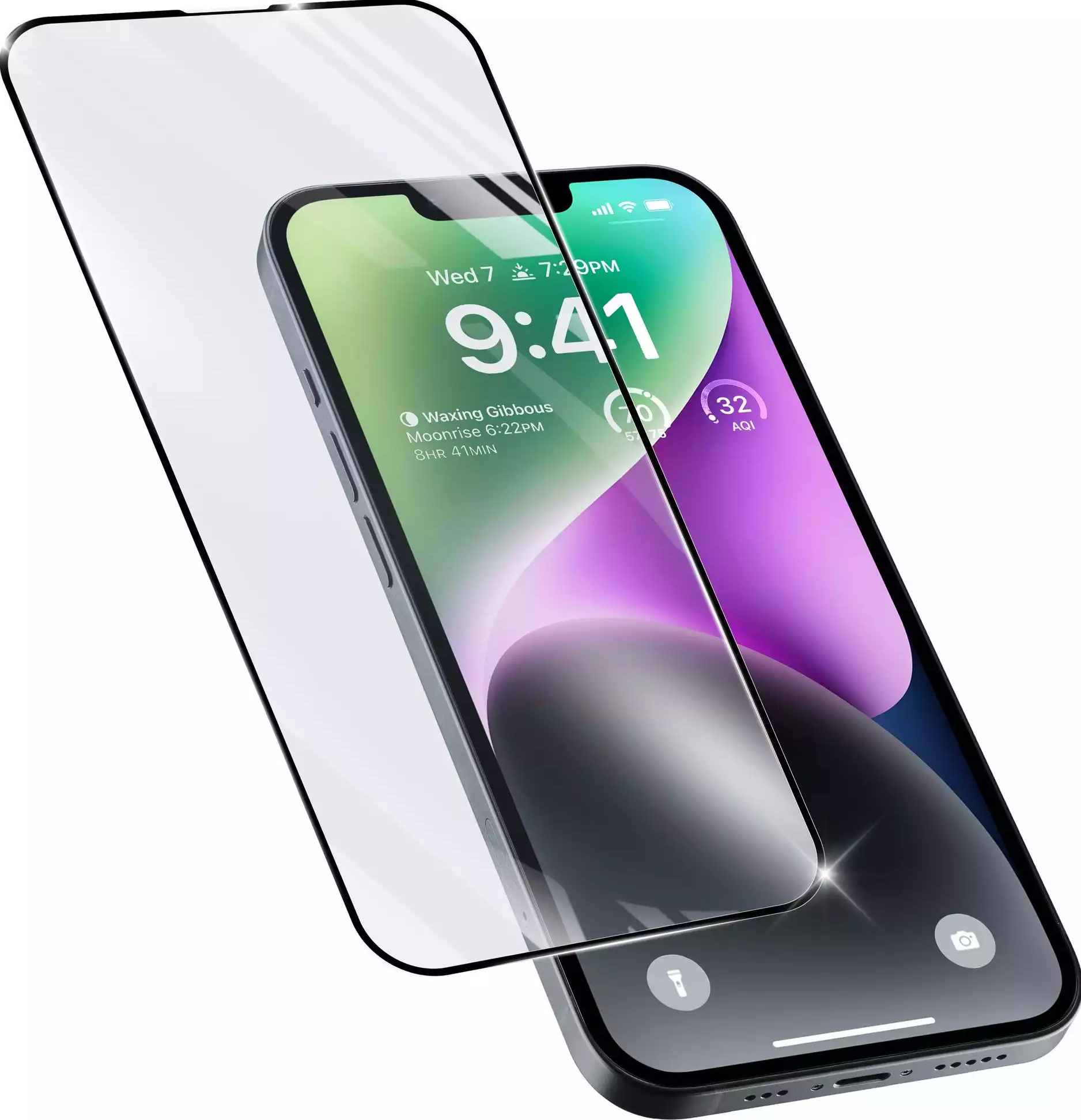 Ein Smartphone, auf das eine Displayschutzfolie aufgetragen wird. Das Telefon zeigt einen grünen und lila Hintergrund.