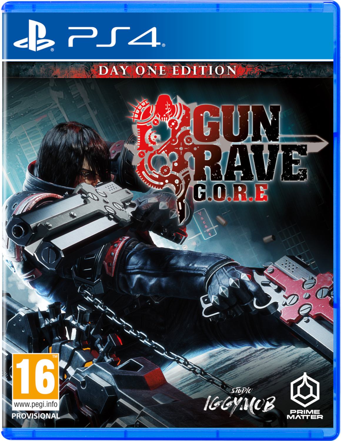 Pochette du jeu Gun Grave G.O.R.E. Un homme avec une arme, avec une esthétique rouge et noire.