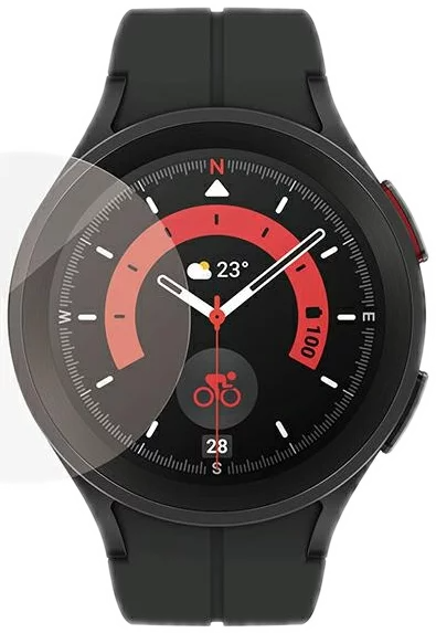 Montre connectée noire avec un écran circulaire affichant l'heure, la météo et les données d'activité.