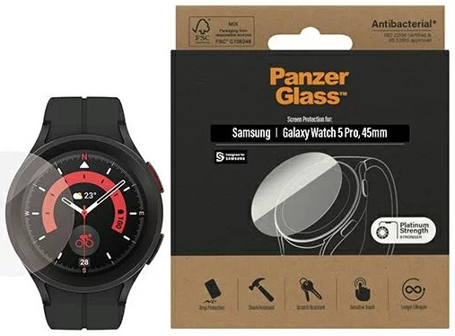 Samsung Galaxy Watch 5 Pro à gauche, avec une boîte de protection d'écran à droite.