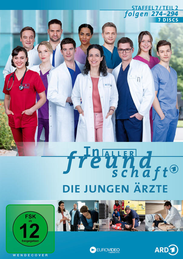 DVD-Cover: Eine Gruppe von Ärzten mit dem Text "In aller Freundschaft" und "Die jungen Ärzte".