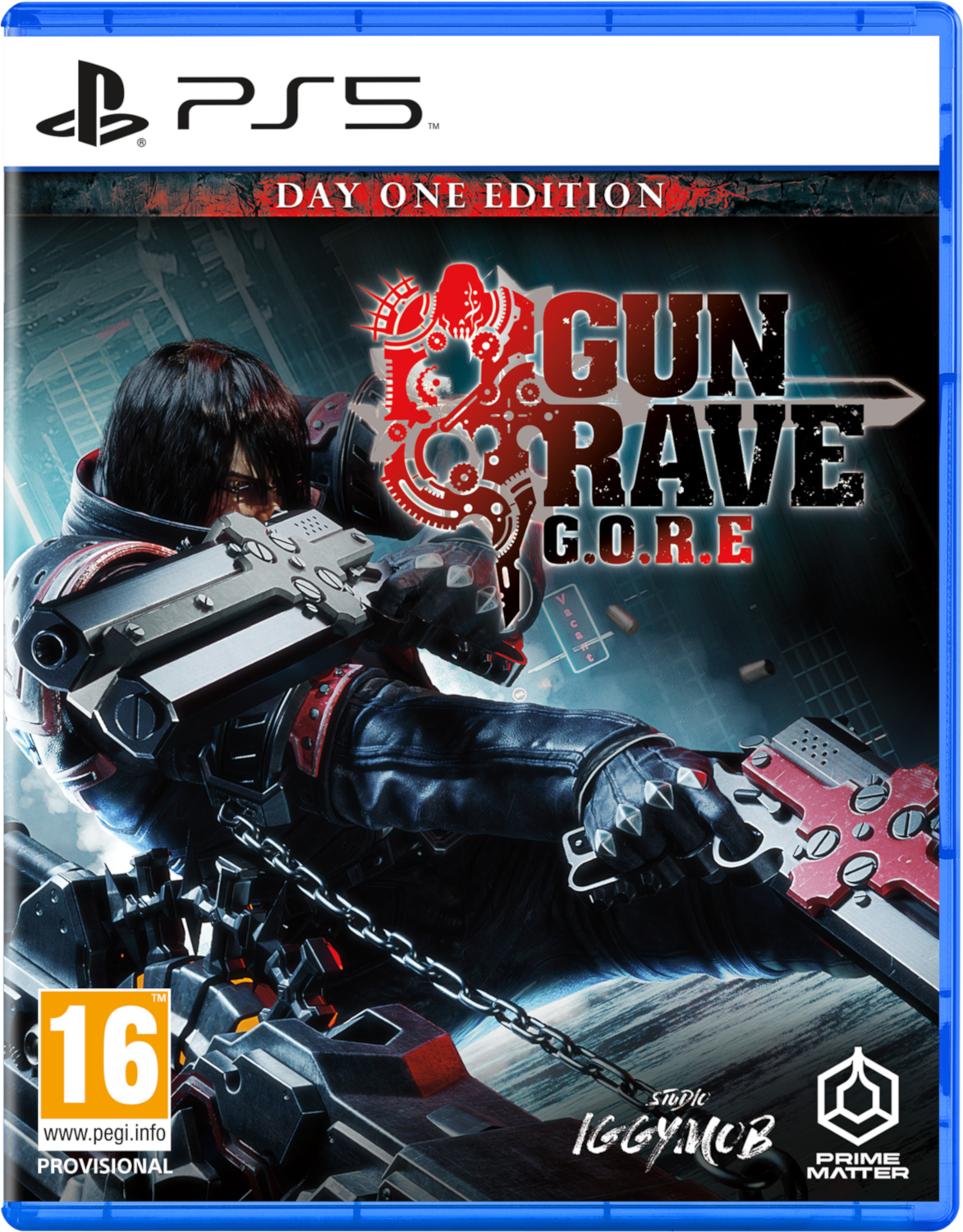 PS5-gamebox. Gunrave Gore-titel en personage met wapen. Zwart-rood kleurenschema.