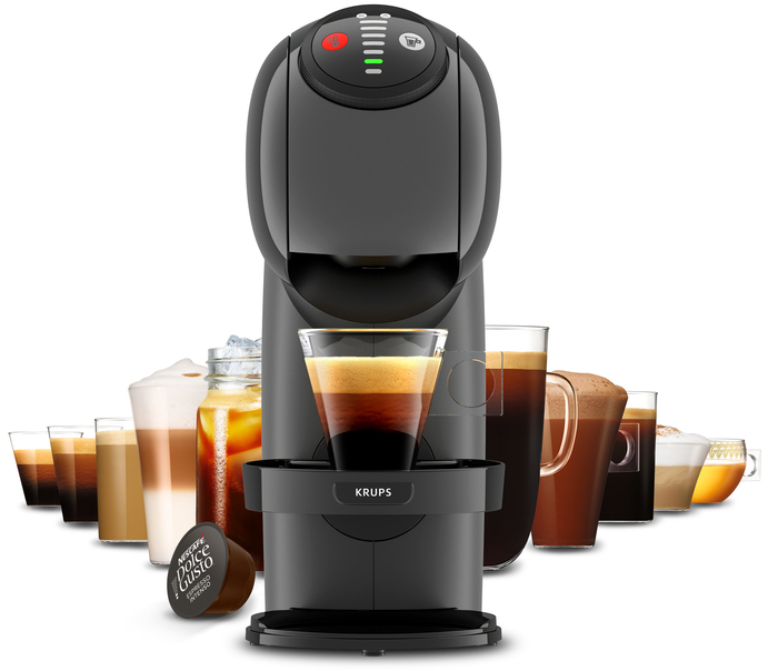 A black Krups Dolce Gusto coffee machine with various coffee drinks in the background.
