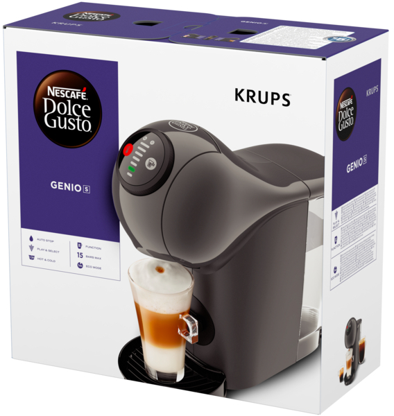 Nescafe Dolce Gusto coffee machine in a box, showing a latte in a glass.