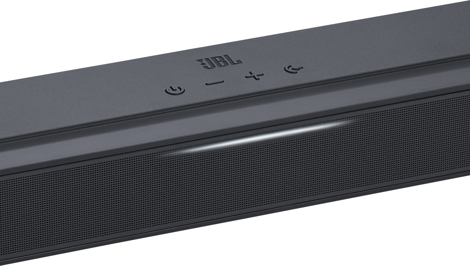 Una soundbar nera con pulsanti e una luce.
