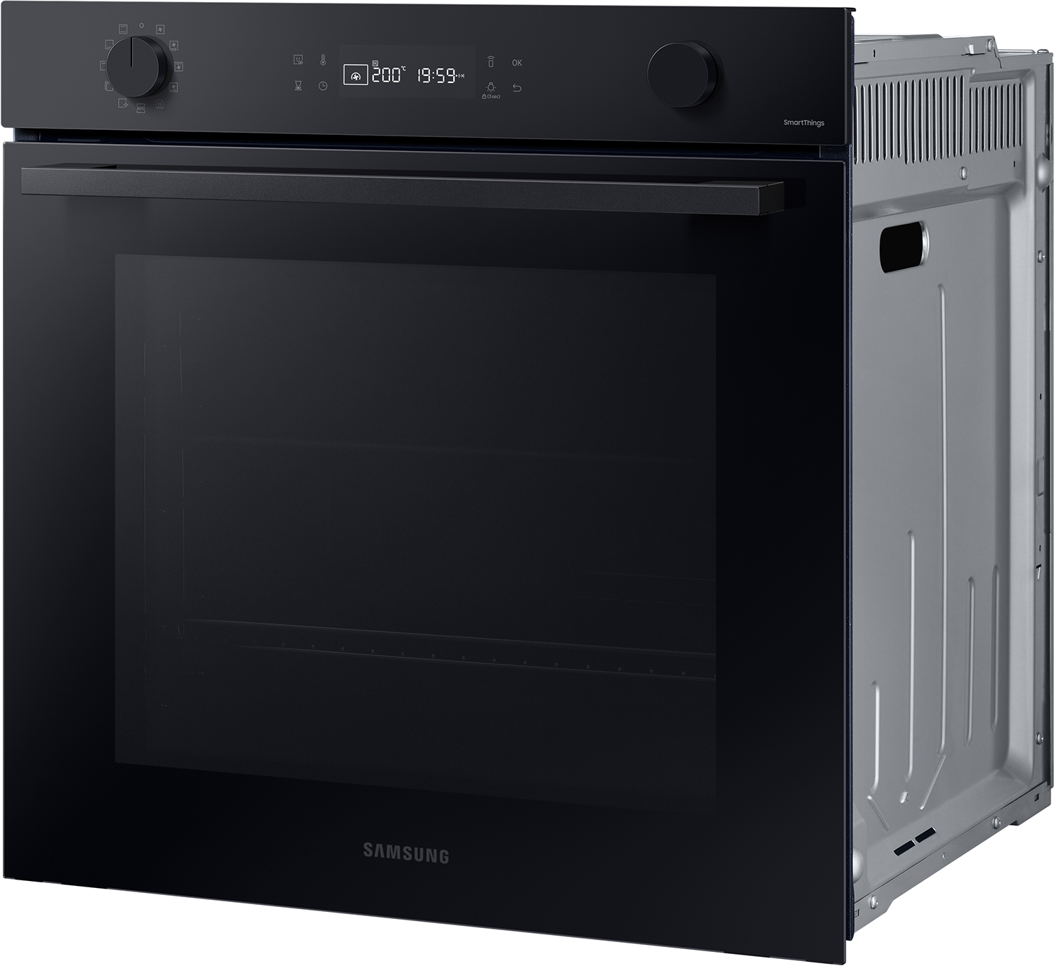 Zwarte oven, gesloten deur, bedieningspaneel boven, Samsung logo.