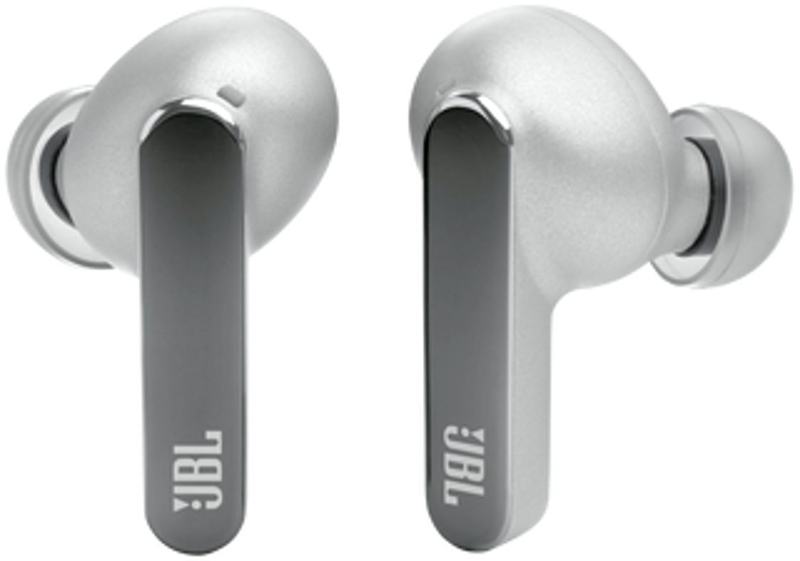 Silberne JBL-Ohrhörer mit grauem Schaft, weißer Hintergrund.