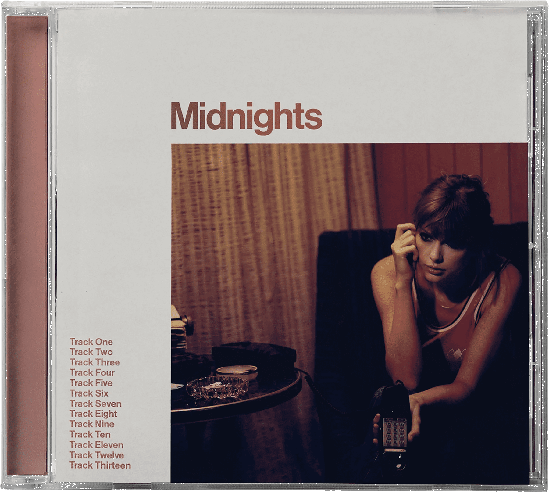 Taylor Swift 'Midnights' CD-tokja. Tartalmazza a számlistát és Swift fotóját. Sötét belső tér.