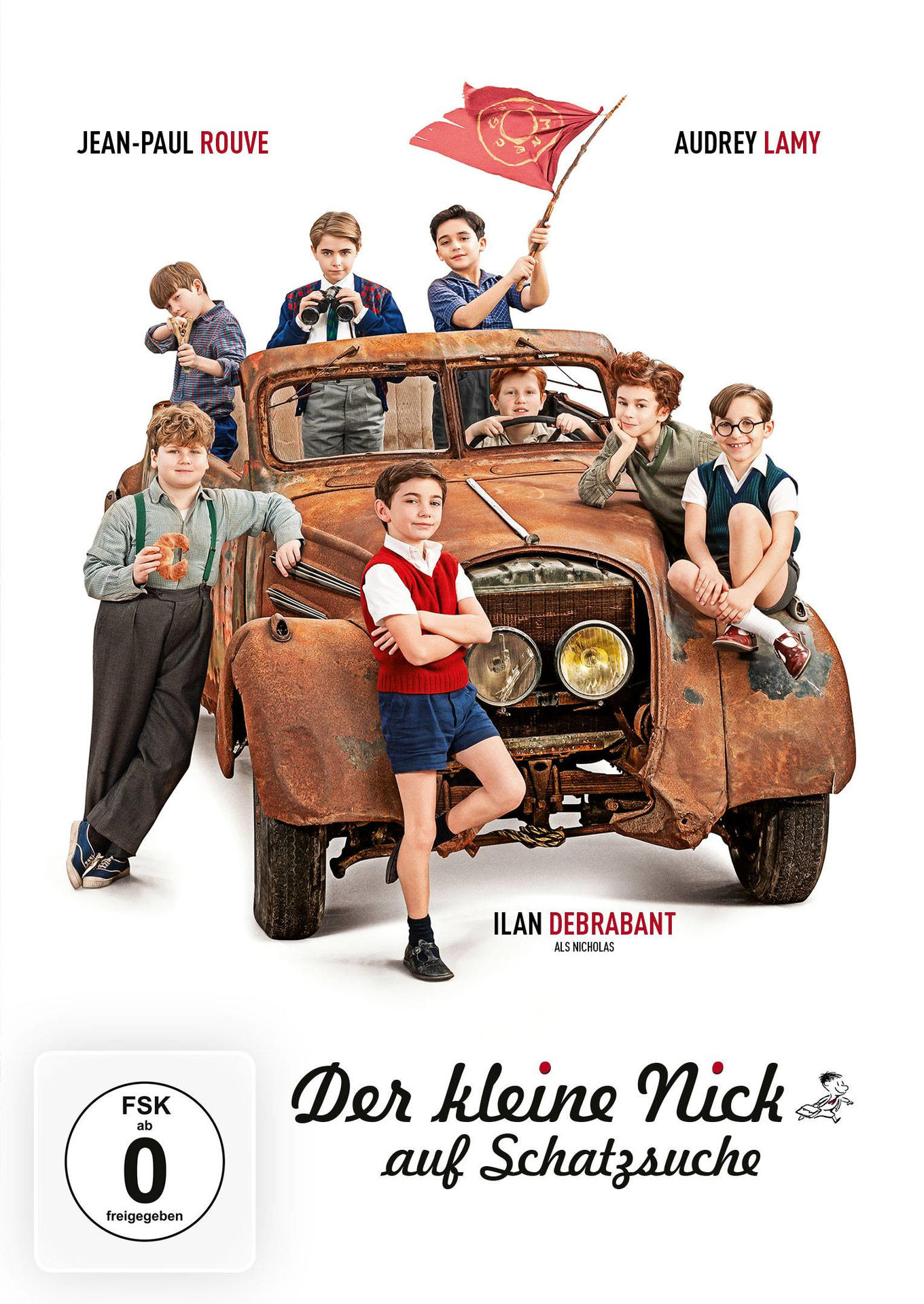 Filmposter für 'Der kleine Nick'. Zeigt eine Gruppe Jungen mit einem alten Auto.