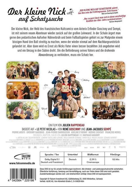 Filmcover mit deutschem Text und Bildern von Kindern. Titel: Der kleine Nick auf Schatzsuche.