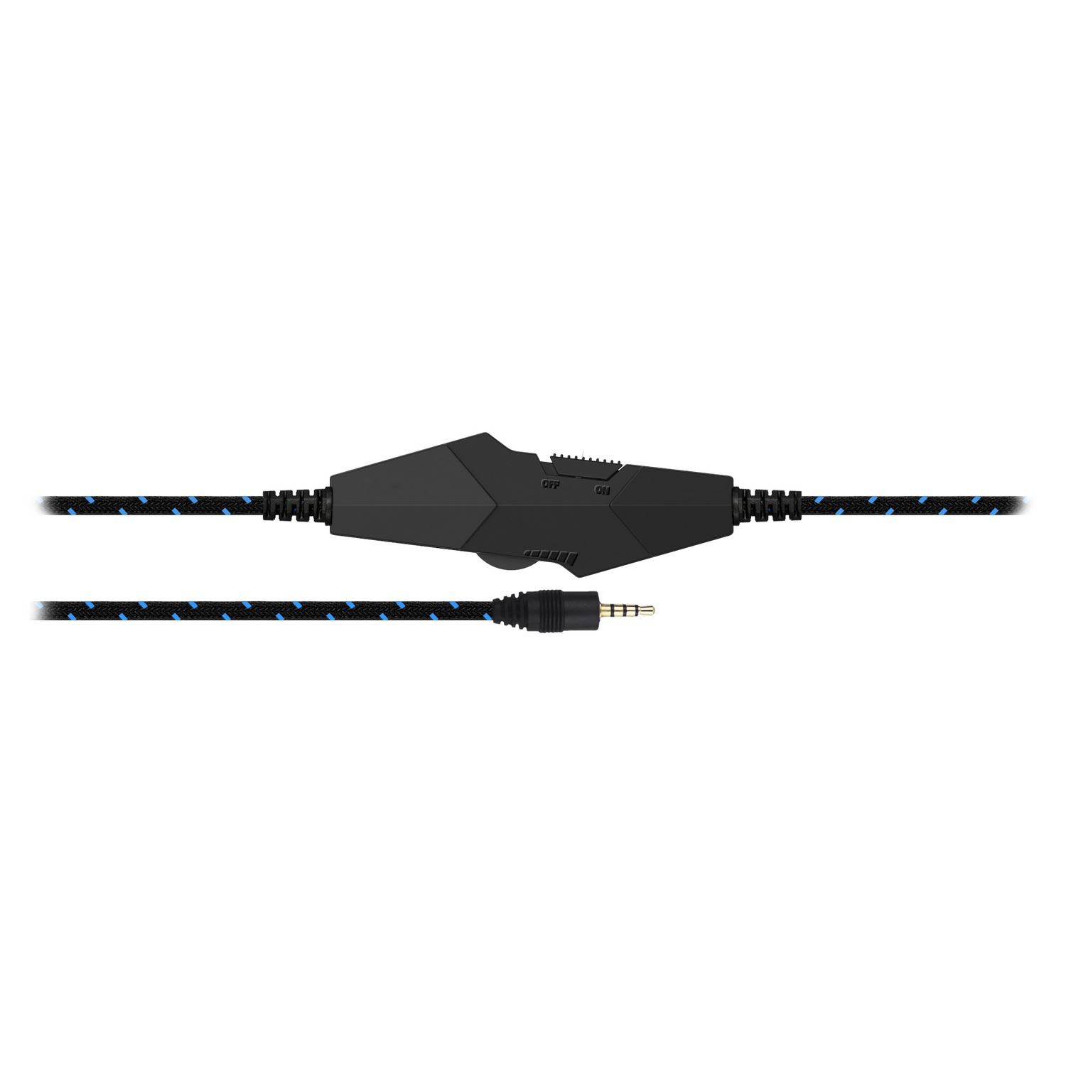 Un cable de audio negro con un control de volumen y un conector de 3,5 mm.