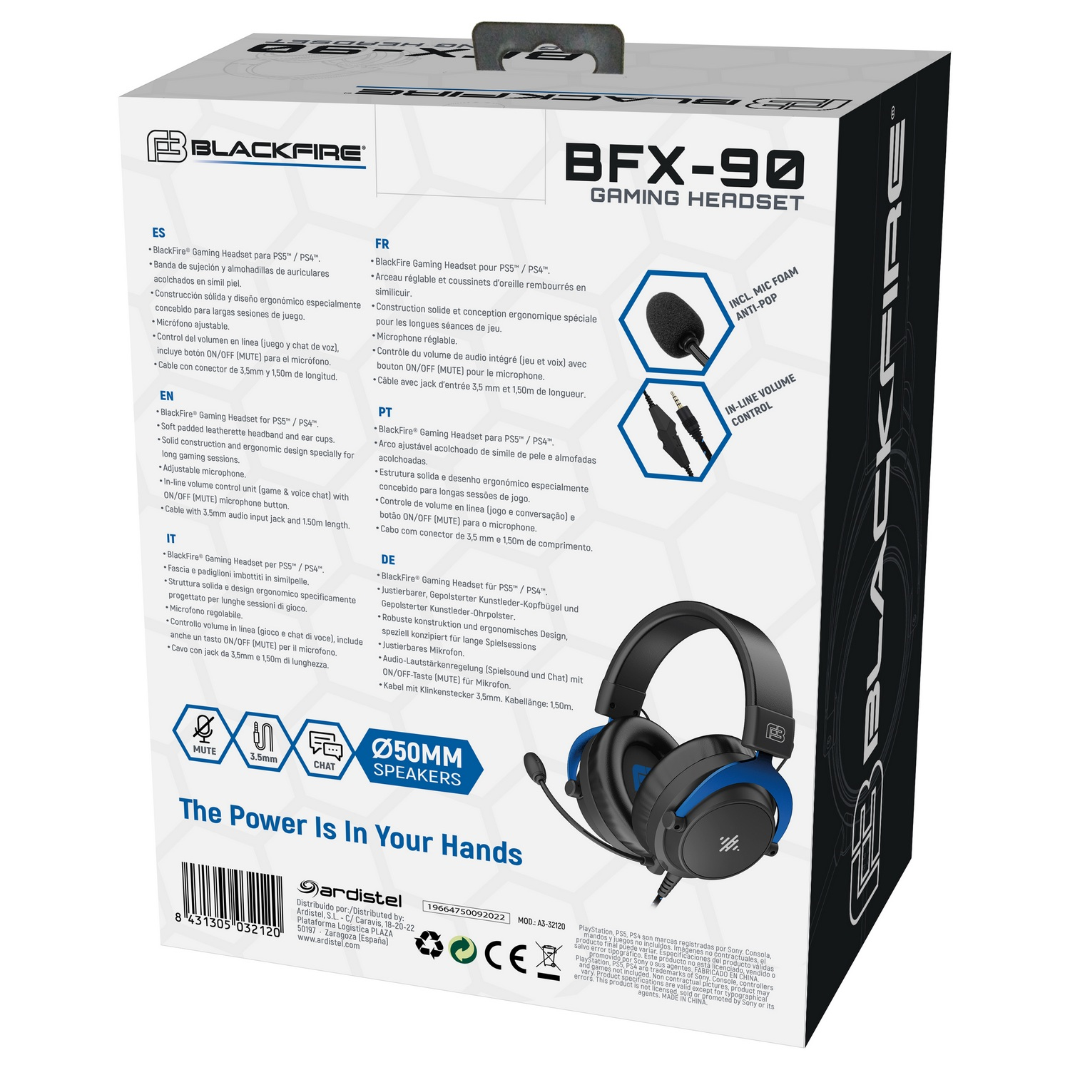 Caja de auriculares: auriculares negros y azules, micrófono, control de volumen en línea y altavoces de 50 mm.