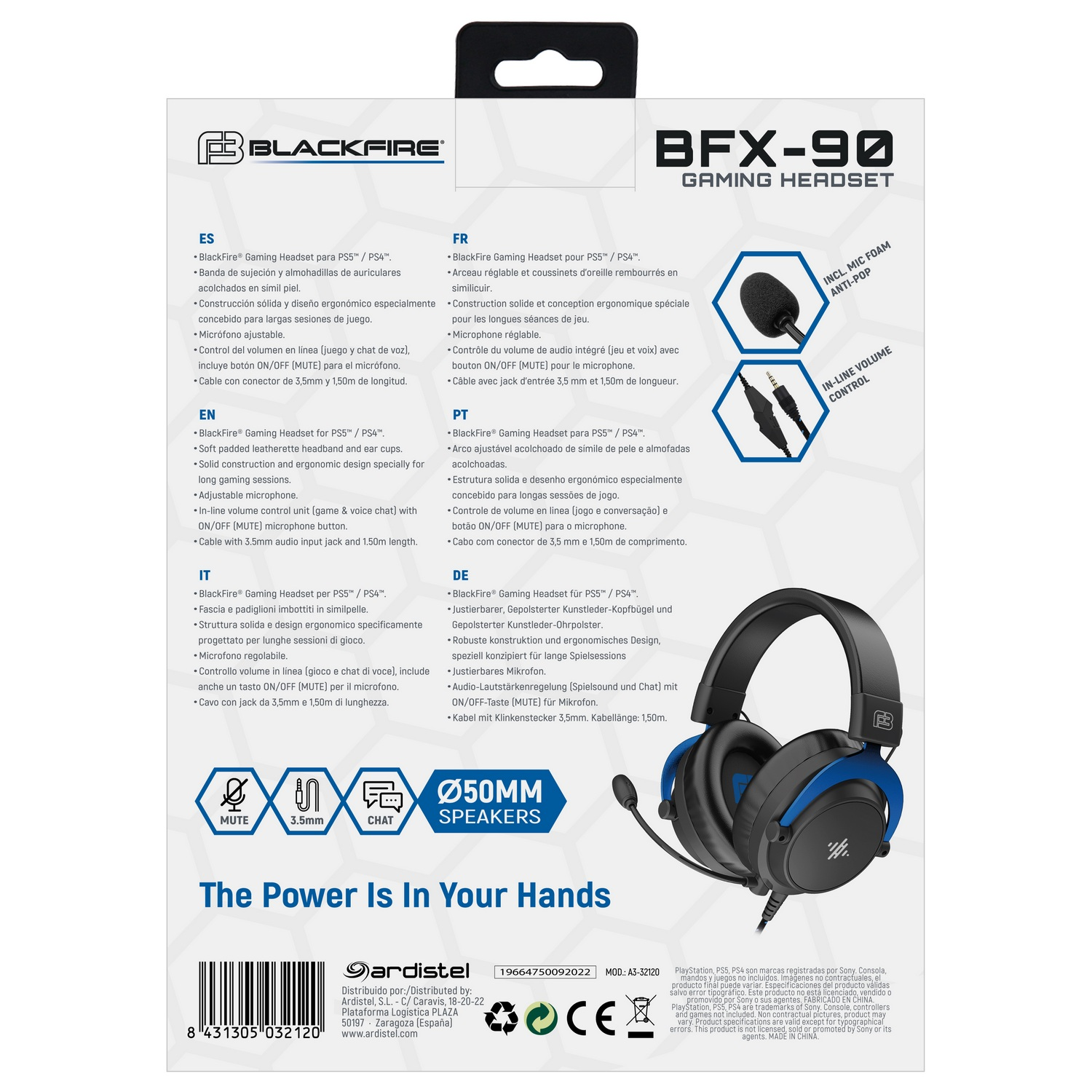 Auriculares gaming con micrófono. Combinación de colores negro y azul. Caja con especificaciones y características.