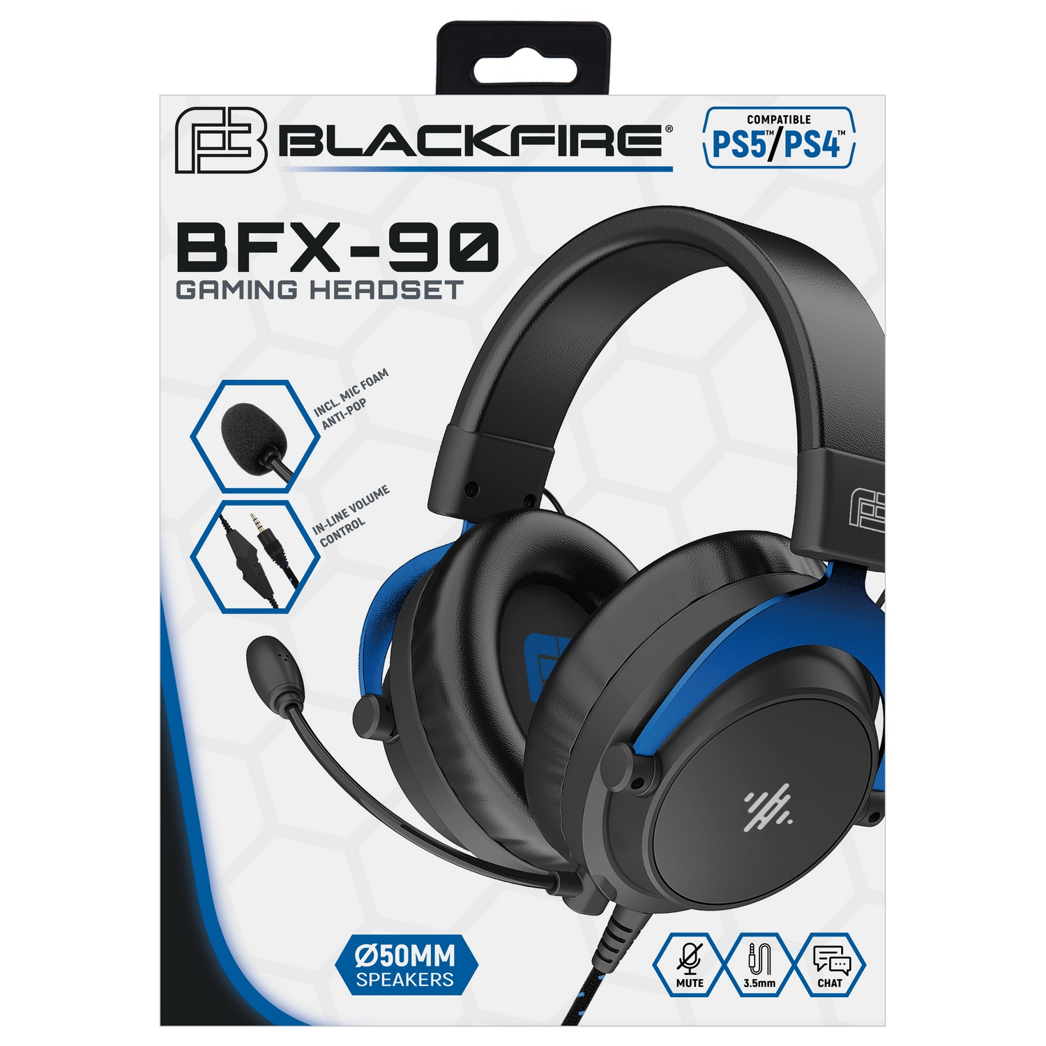 Auriculares gaming en caja, negro y azul, con micrófono y control de volumen en línea.