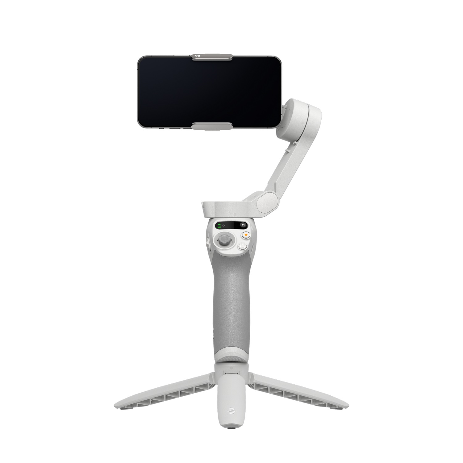 Gimbal blanco para teléfono sobre trípode, con teléfono adjunto.